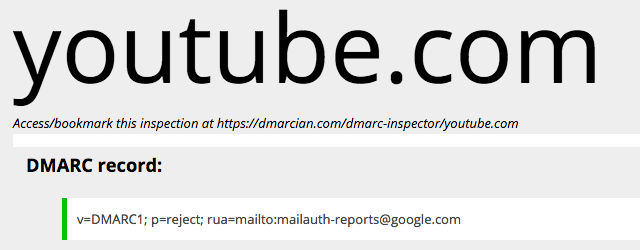 youtube.com DMARC inspector result